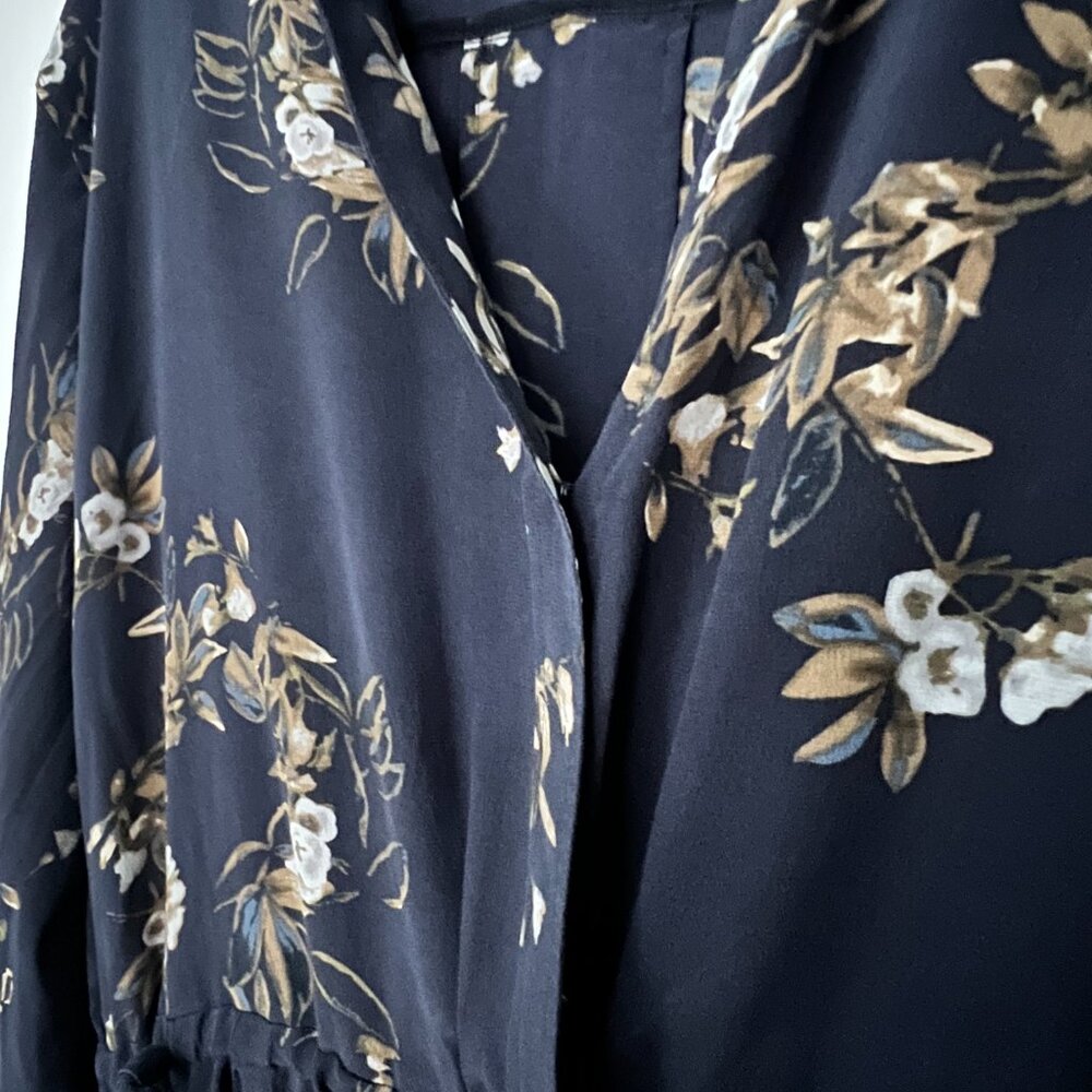 Vince Navy & Floral Silk Shirt Dress, Size L - Picture 2 of 9